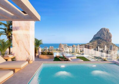 Camporrosso Towers. Calpe Alicante Costa Blanca. Terraza, vistas.