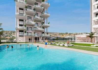 Camporrosso Towers. Calpe Alicante Costa Blanca. Vistas exterior zona piscina.