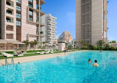 Camporrosso Towers. Calpe Alicante Costa Blanca. Vistas exterior zona piscina.